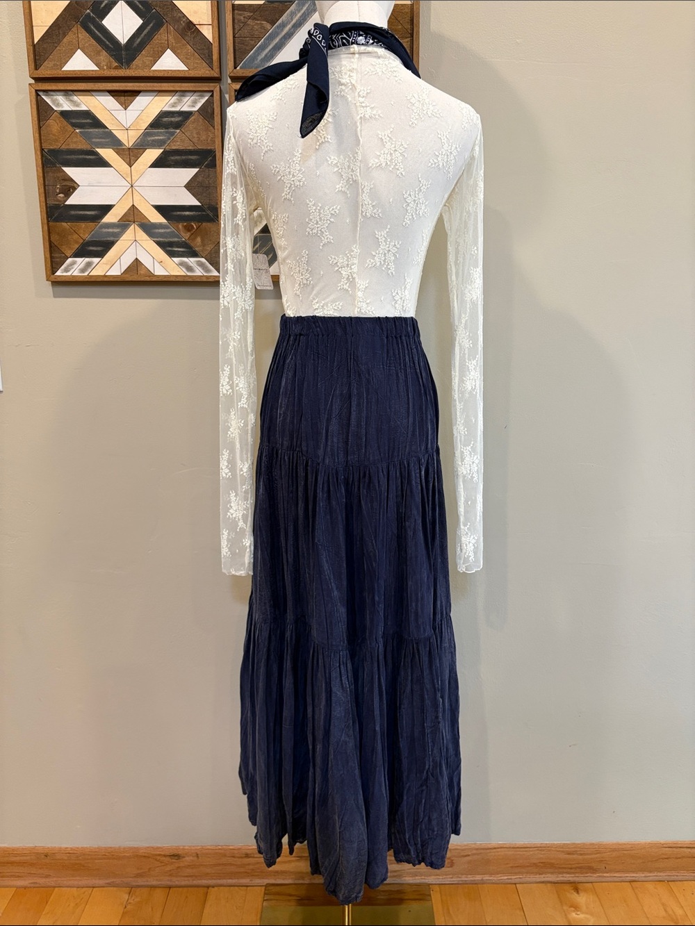 Vintage Happy Trails Western Navy Blue Tiered Broomstick Maxi Skirt One Size - Picture 7 of 14